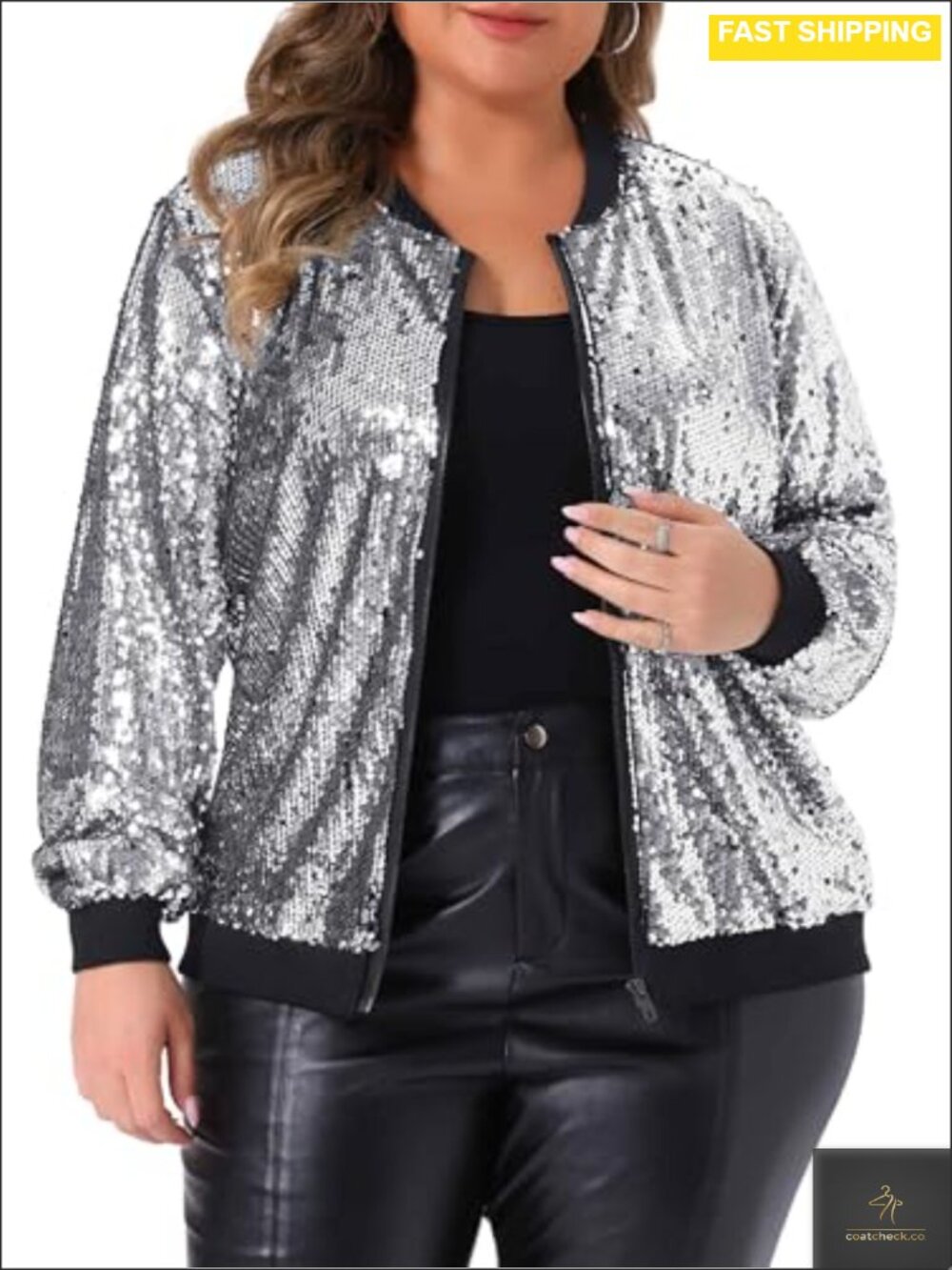 Womens Plus Size Sequin Bomber Jacket Zip Up Party Sparkle Lightweight Oversized